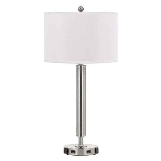 30" Nickel Metal Cylinder USB Table Lamp With White Drum Shade HomeRoots