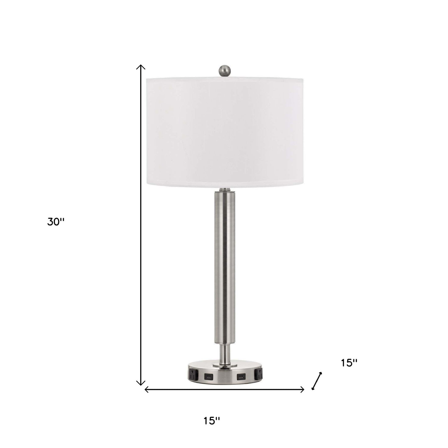 30" Nickel Metal Cylinder USB Table Lamp With White Drum Shade