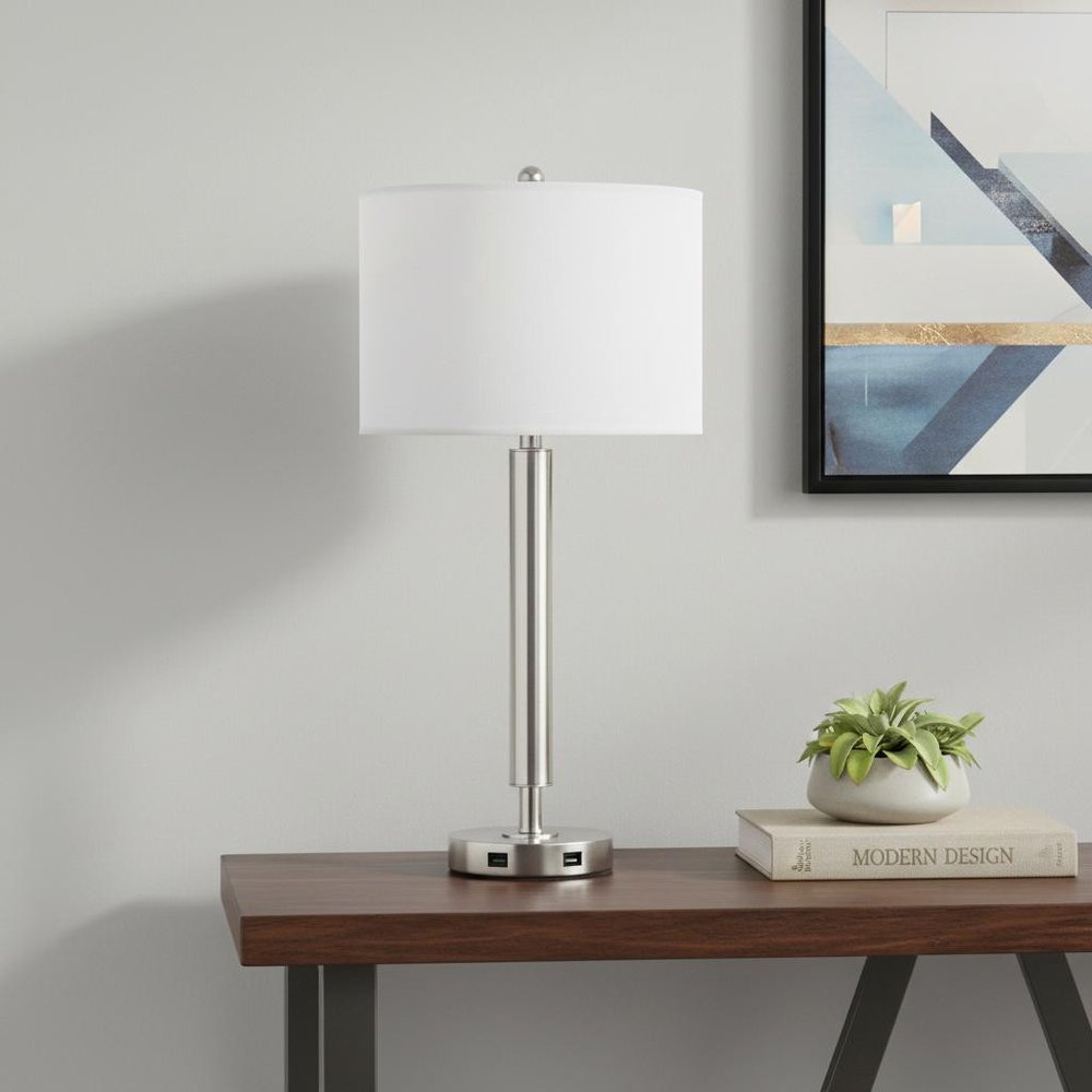 30" Nickel Metal Cylinder USB Table Lamp With White Drum Shade HomeRoots