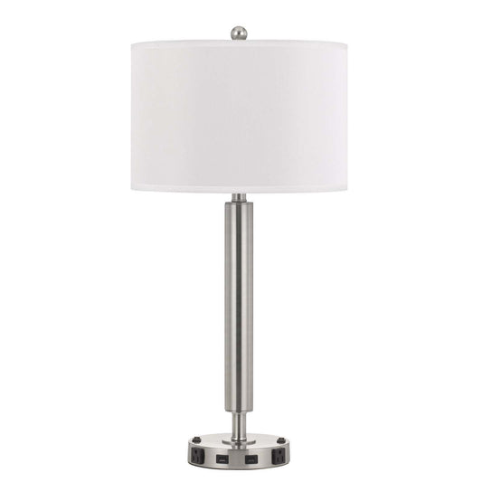 30" Nickel Metal Two Light Usb Table Lamp With White Drum Shade