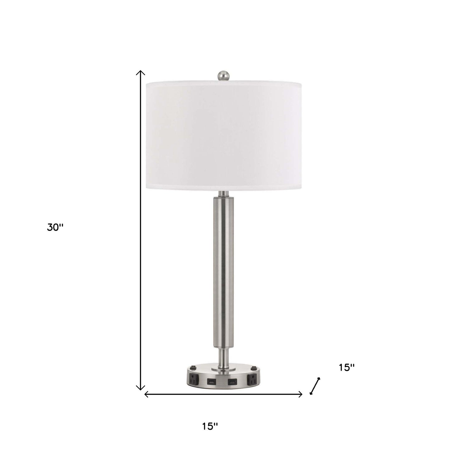 30" Nickel Metal Two Light Cylinder USB Table Lamp With White Drum Shade