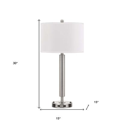 30" Nickel Metal Two Light Cylinder USB Table Lamp With White Drum Shade