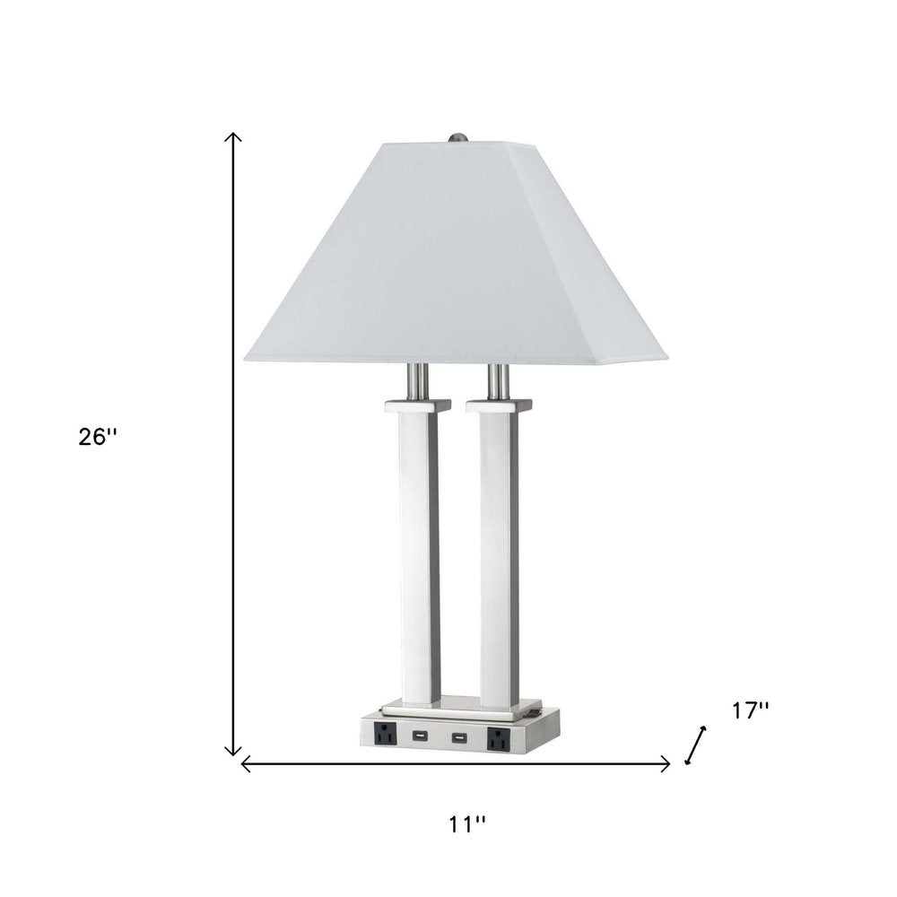26" Nickel Metal Two Light Desk USB Table Lamp With White Novelty Shade — view 2