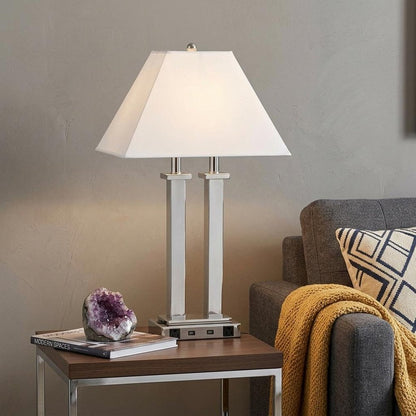 26" Nickel Metal Two Light Desk USB Table Lamp With White Novelty Shade HomeRoots