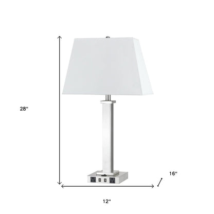 28" Nickel Metal USB Table Lamp With White Shade HomeRoots