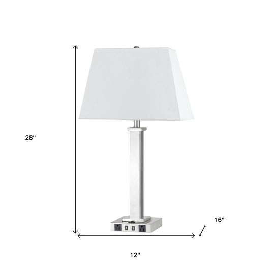 28" Nickel Metal USB Table Lamp With White Shade HomeRoots