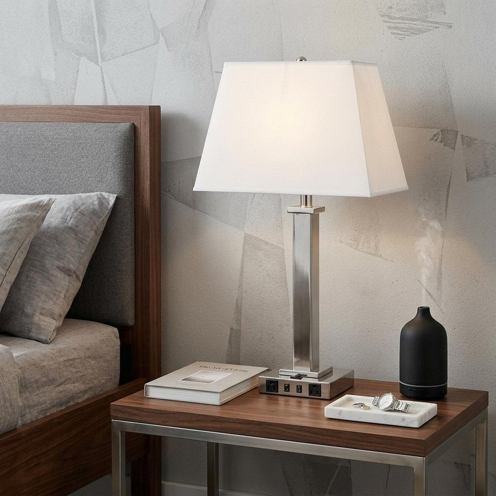 28" Nickel Metal USB Table Lamp With White Shade HomeRoots