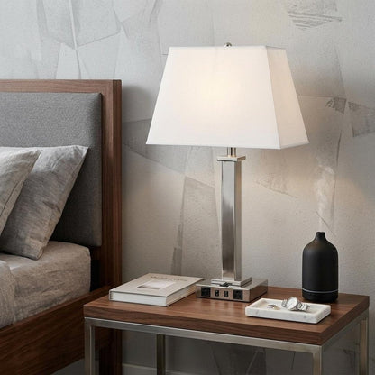 28" Nickel Metal USB Table Lamp With White Shade HomeRoots