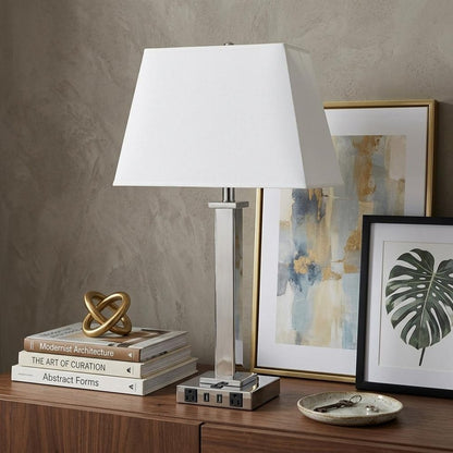28" Nickel Metal USB Table Lamp With White Shade HomeRoots