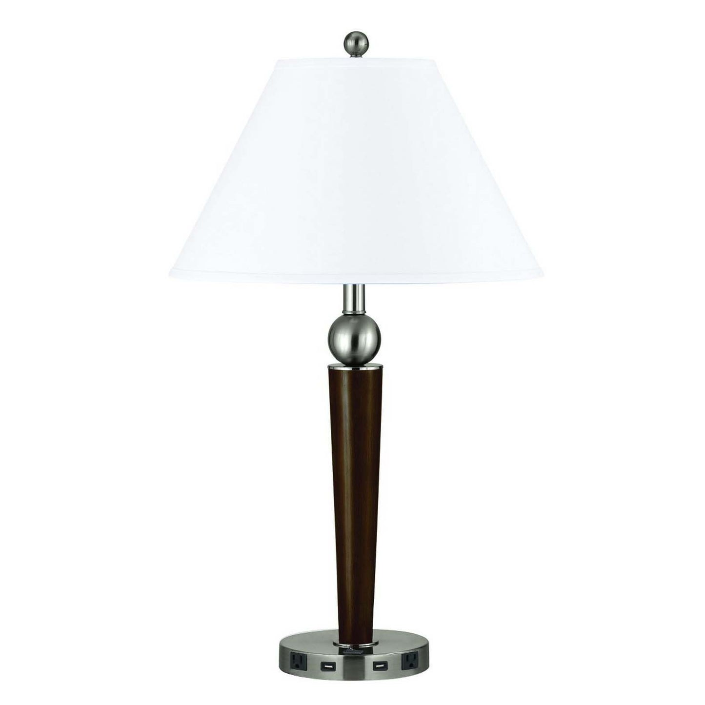 29" Nickel Metal Geometric USB Table Lamp With White Empire Shade