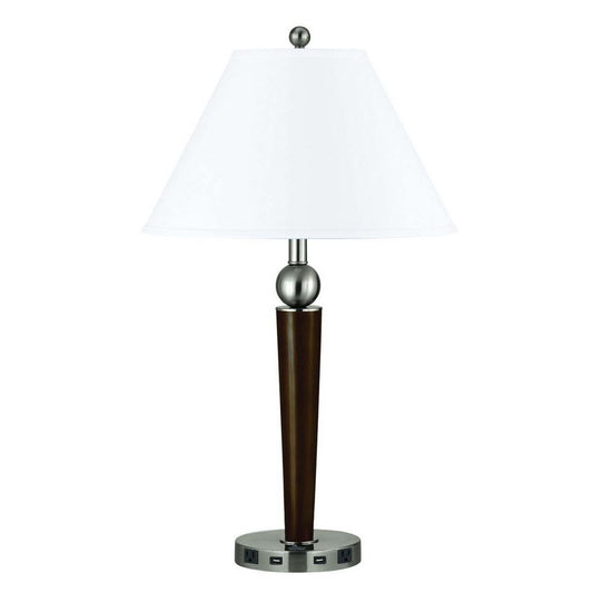 29" Nickel Metal Geometric USB Table Lamp With White Empire Shade HomeRoots