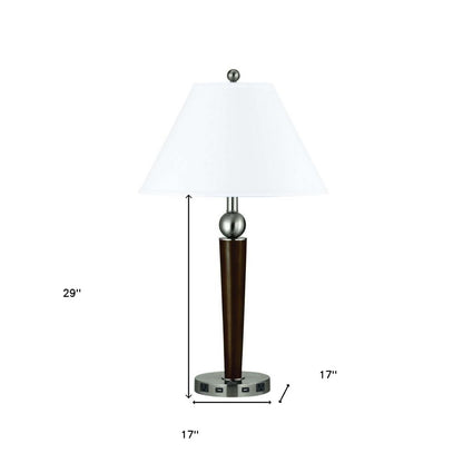 29" Nickel Metal Geometric USB Table Lamp With White Empire Shade HomeRoots