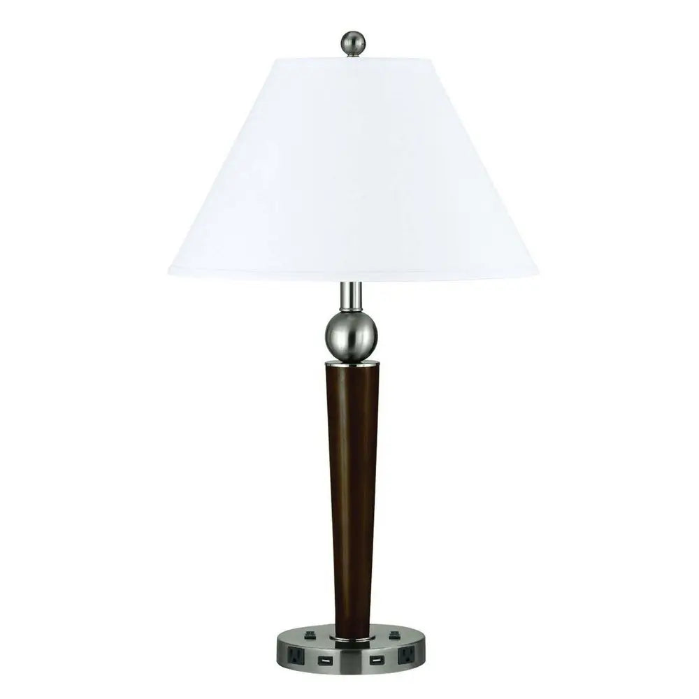 29" Nickel Metal Two Light Geometric USB Table Lamp With White Empire Shade HomeRoots
