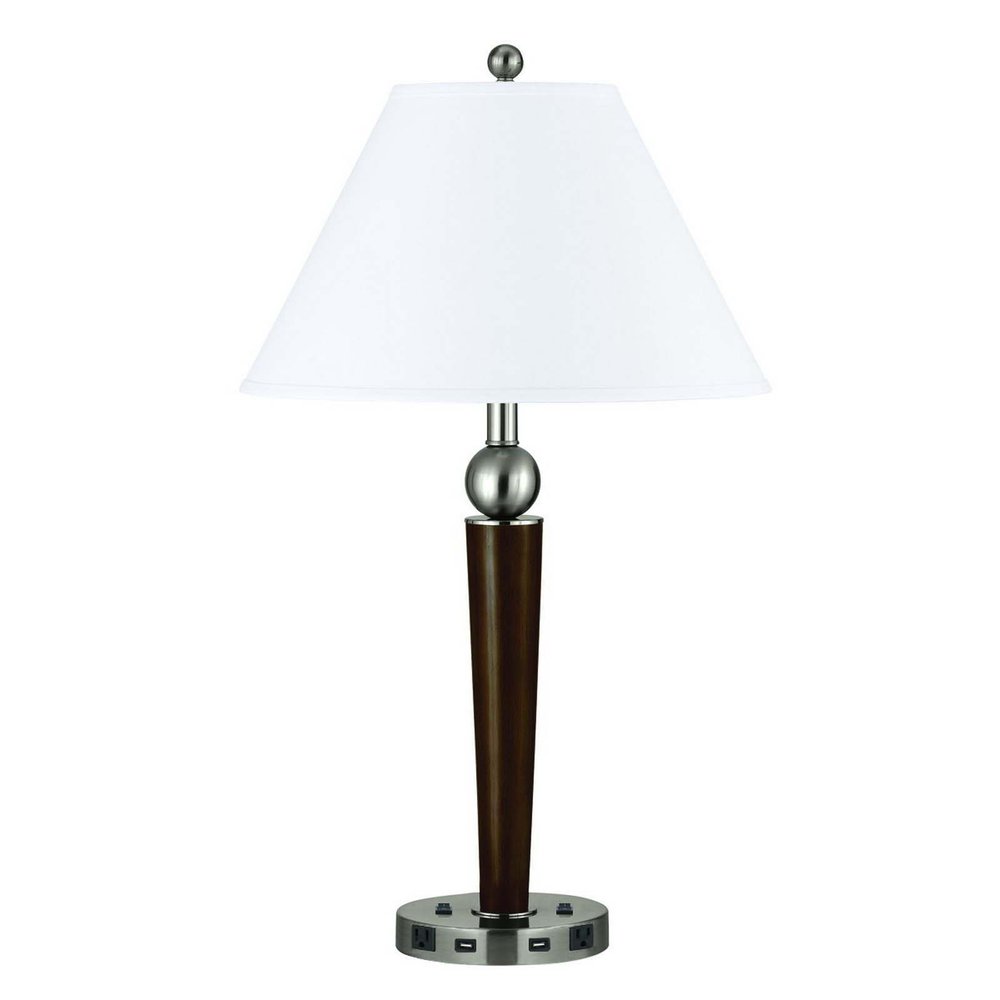 29" Nickel Metal Two Light Geometric USB Table Lamp With White Empire Shade HomeRoots