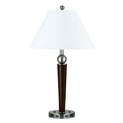 29" Nickel Metal Two Light Geometric USB Table Lamp With White Empire Shade HomeRoots