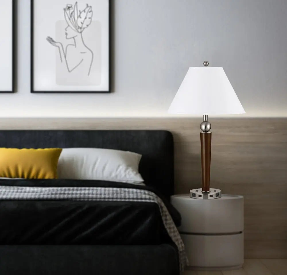 29" Nickel Metal Two Light Geometric USB Table Lamp With White Empire Shade HomeRoots