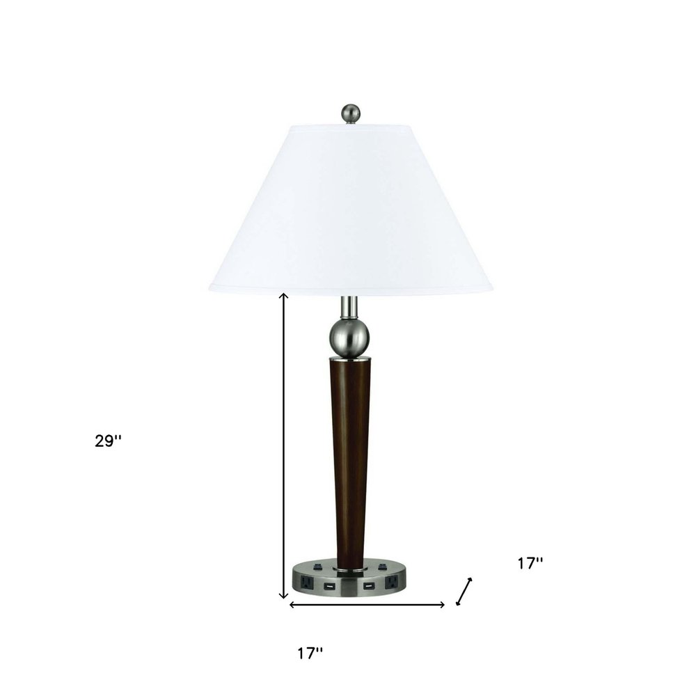 29" Nickel Metal Two Light Geometric USB Table Lamp With White Empire Shade HomeRoots