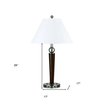 29" Nickel Metal Two Light Geometric USB Table Lamp With White Empire Shade HomeRoots