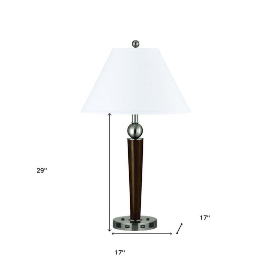 29" Nickel Metal Two Light Geometric USB Table Lamp With White Empire Shade HomeRoots