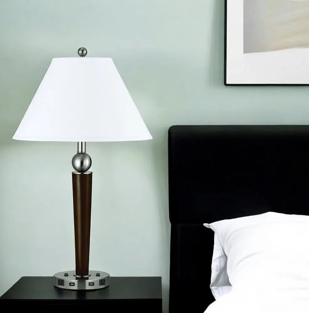 29" Nickel Metal Two Light Geometric USB Table Lamp With White Empire Shade HomeRoots