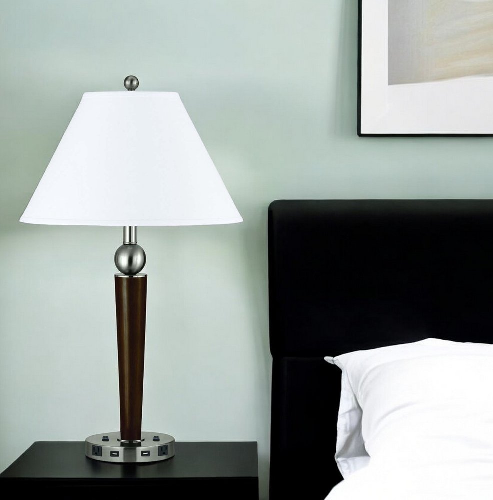 29" Nickel Metal Two Light Geometric USB Table Lamp With White Empire Shade HomeRoots