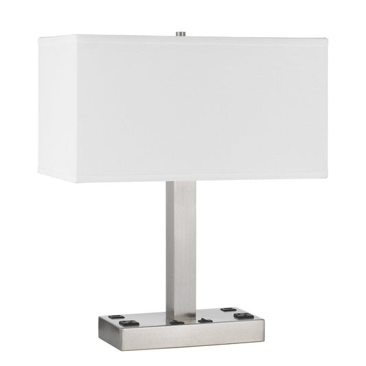 21" Nickel Metal Two Light Desk USB Table Lamp With White Shade HomeRoots