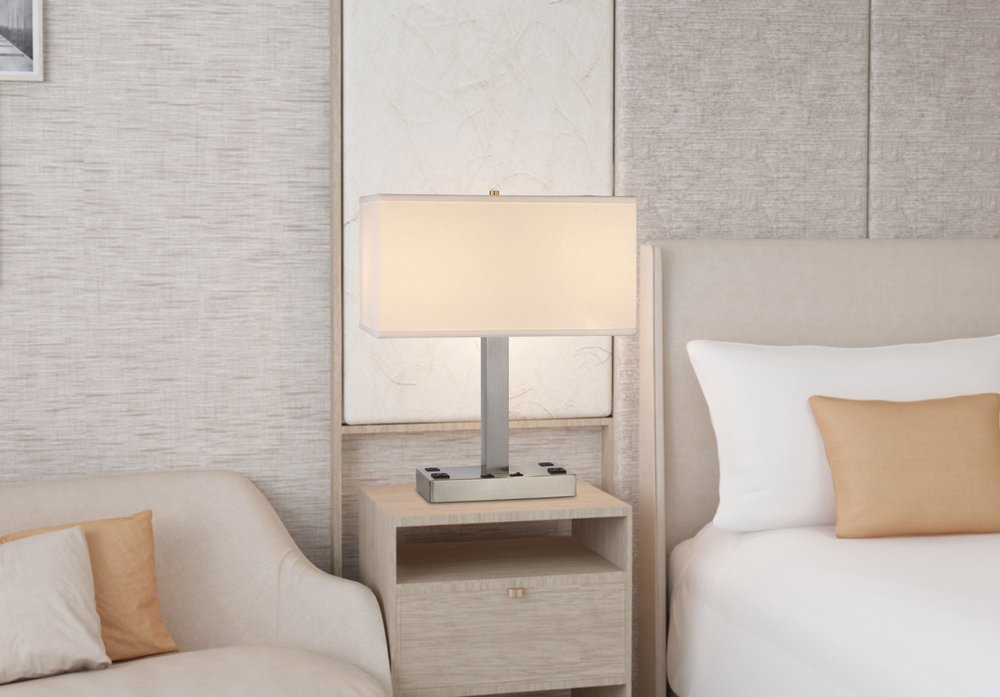 21" Nickel Metal Two Light Desk USB Table Lamp With White Shade HomeRoots