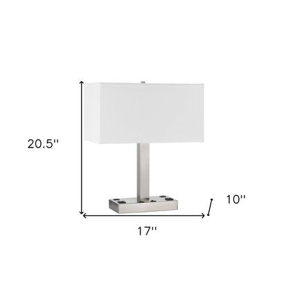 21" Nickel Metal Two Light Desk USB Table Lamp With White Shade HomeRoots