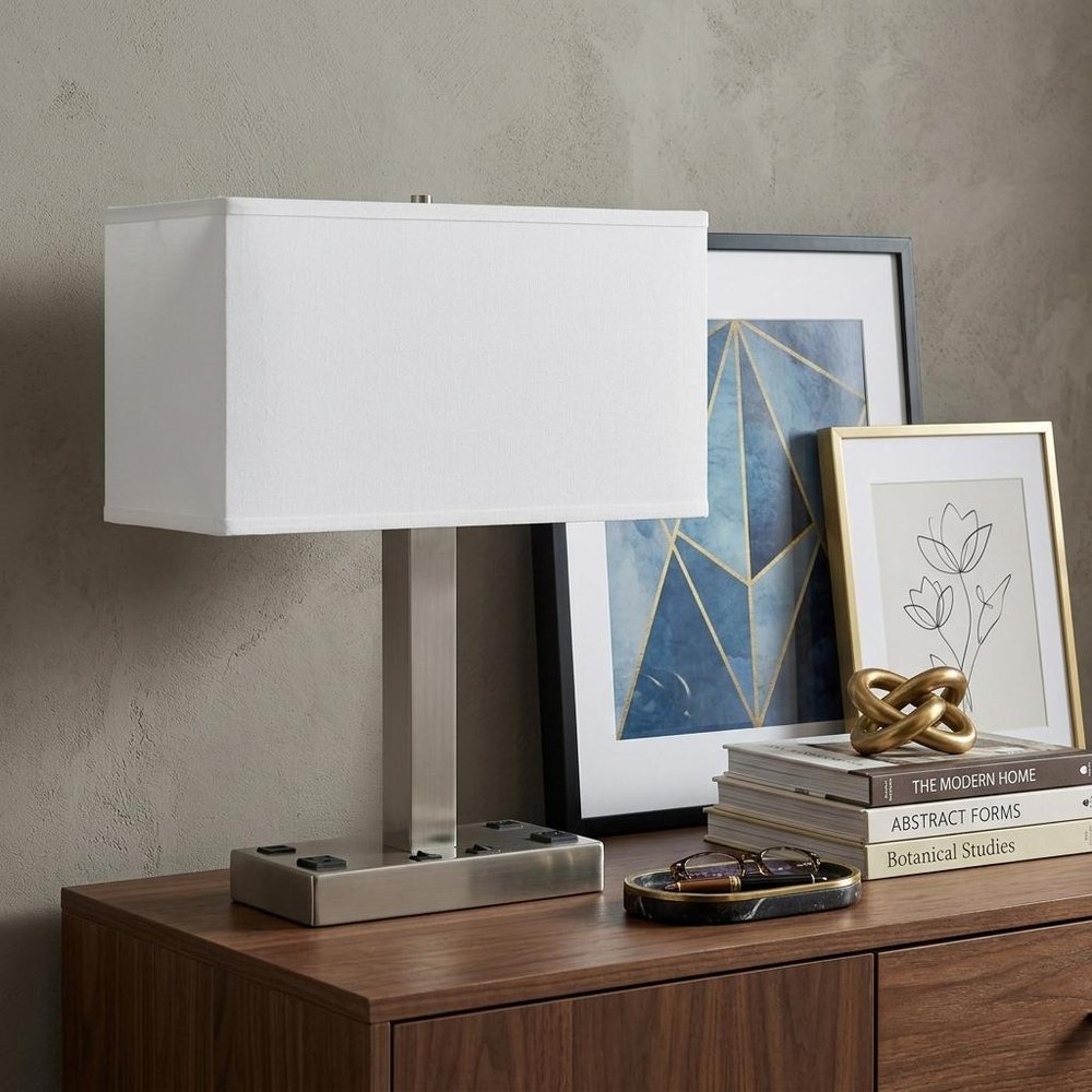 21" Nickel Metal Two Light Desk USB Table Lamp With White Shade HomeRoots