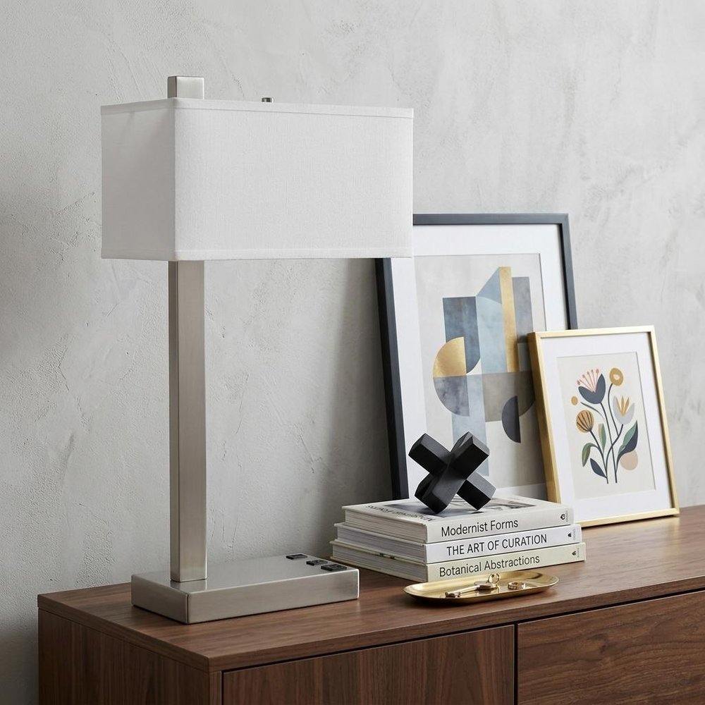 25" Nickel Metal Desk USB Table Lamp With White Shade HomeRoots