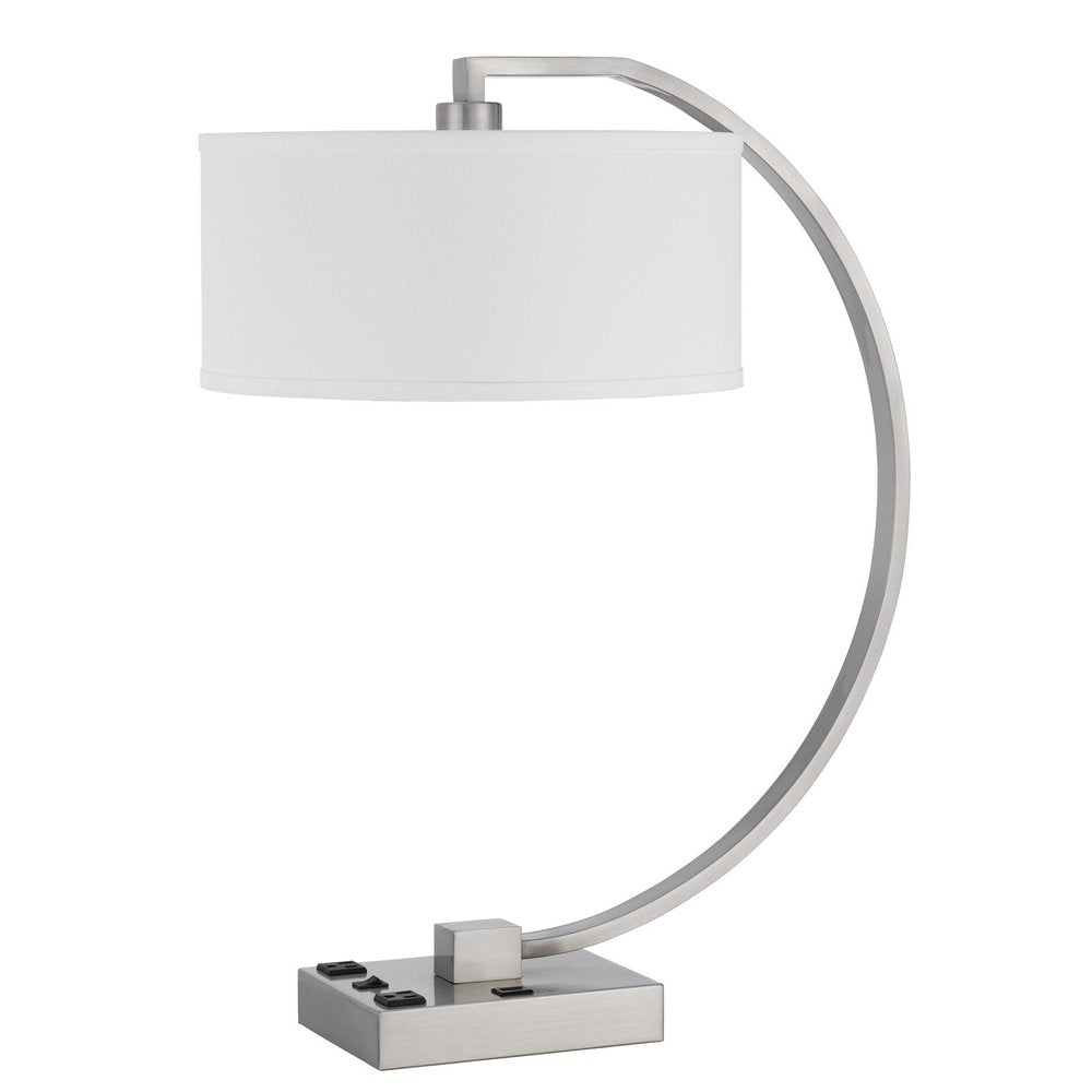 26" Nickel Metal Lantern Desk USB Table Lamp With White Shade HomeRoots