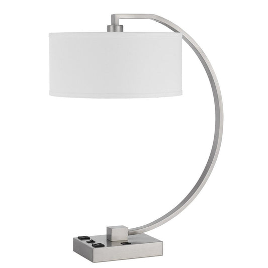 26" Nickel Metal Lantern Desk USB Table Lamp With White Shade HomeRoots