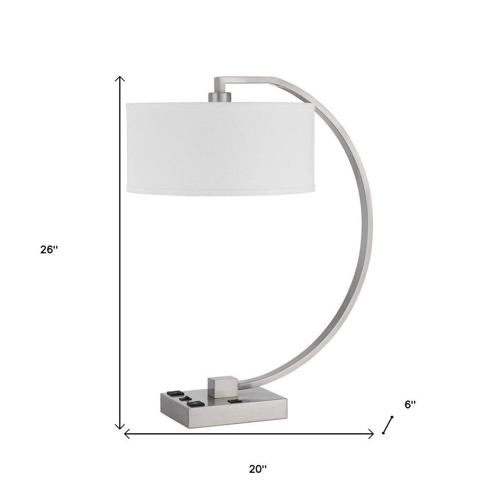 26" Nickel Metal Lantern Desk USB Table Lamp With White Shade HomeRoots