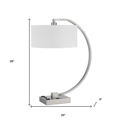 26" Nickel Metal Lantern Desk USB Table Lamp With White Shade HomeRoots