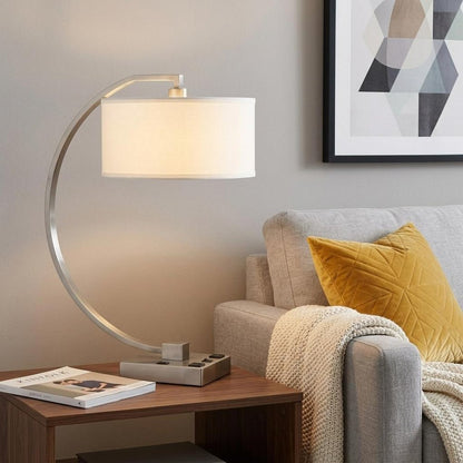 26" Nickel Metal Lantern Desk USB Table Lamp With White Shade HomeRoots