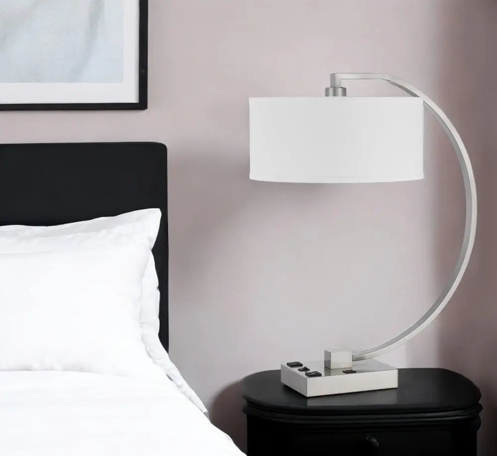 26" Nickel Metal Lantern Desk USB Table Lamp With White Shade HomeRoots