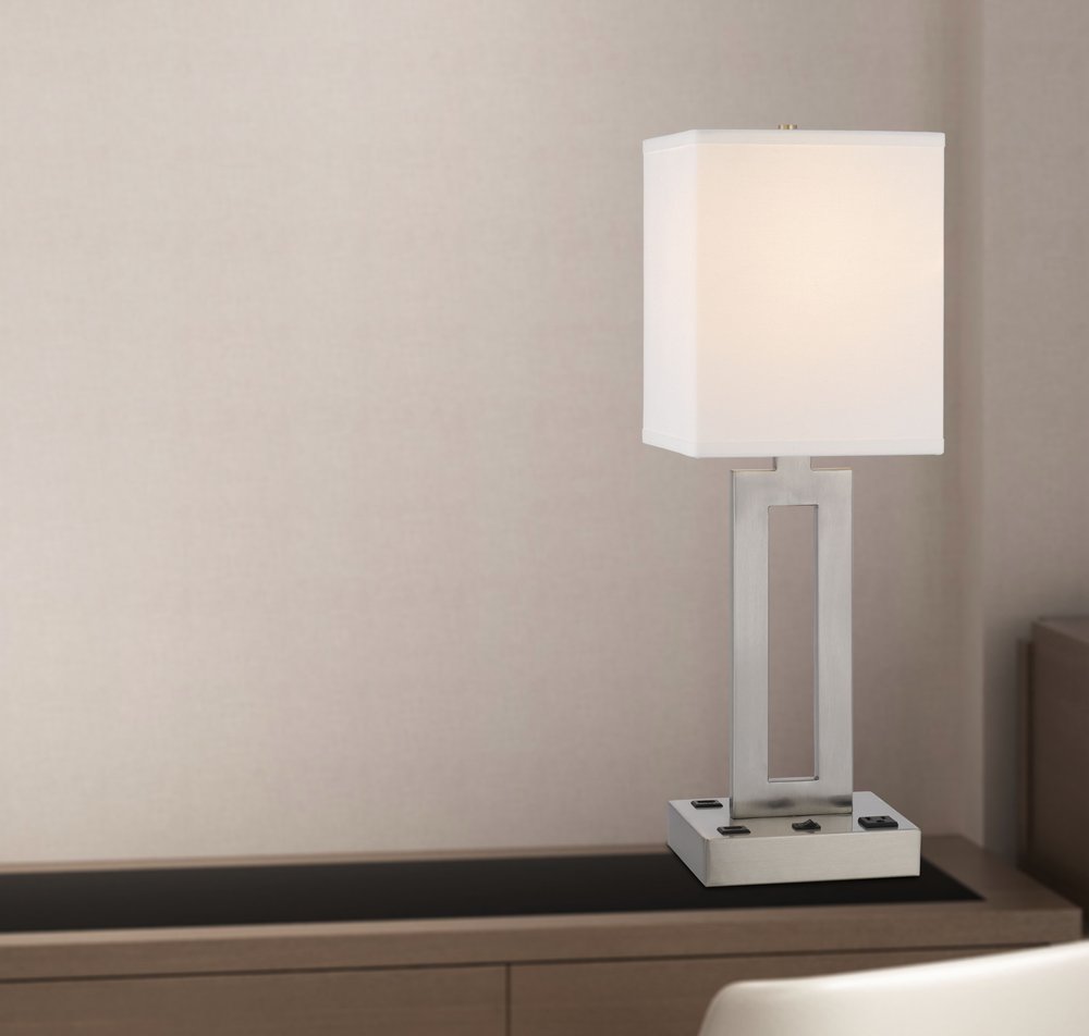 24" Nickel Metal Desk Usb Table Lamp With White Drum Shade HomeRoots