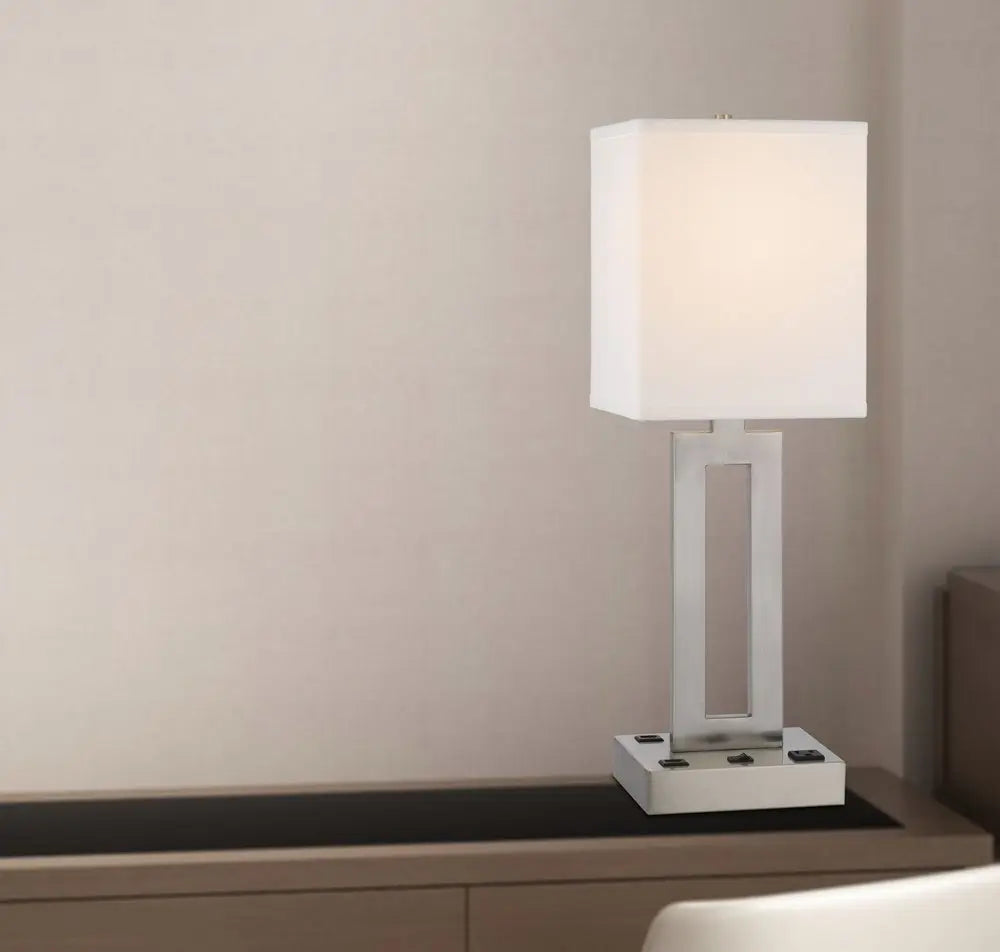 24" Nickel Metal Desk Usb Table Lamp With White Drum Shade HomeRoots