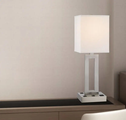 24" Nickel Metal Desk Usb Table Lamp With White Drum Shade HomeRoots