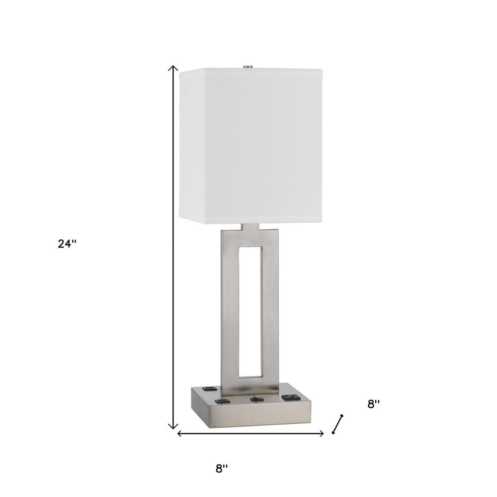 24" Nickel Metal Desk Usb Table Lamp With White Drum Shade HomeRoots