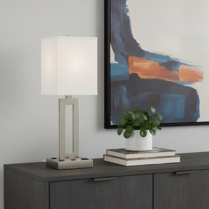 24" Nickel Metal Desk Usb Table Lamp With White Drum Shade HomeRoots