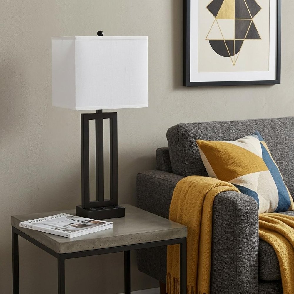 30" Black Metal USB Table Lamp With White Shade HomeRoots