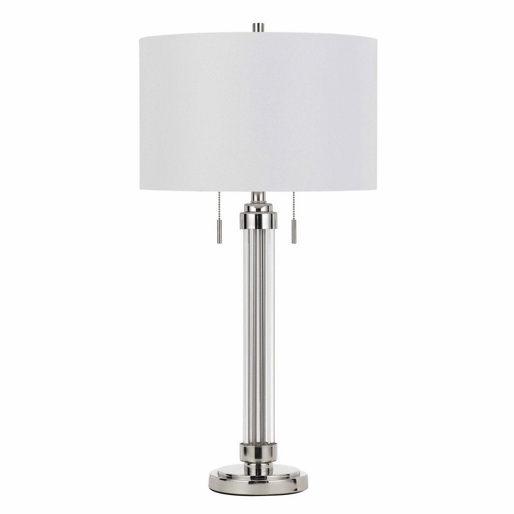 31" Silver Metallic Metal Two Light Cylinder Table Lamp With White Drum Shade HomeRoots