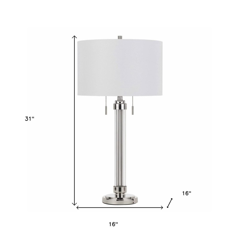 31" Silver Metallic Metal Two Light Cylinder Table Lamp With White Drum Shade HomeRoots