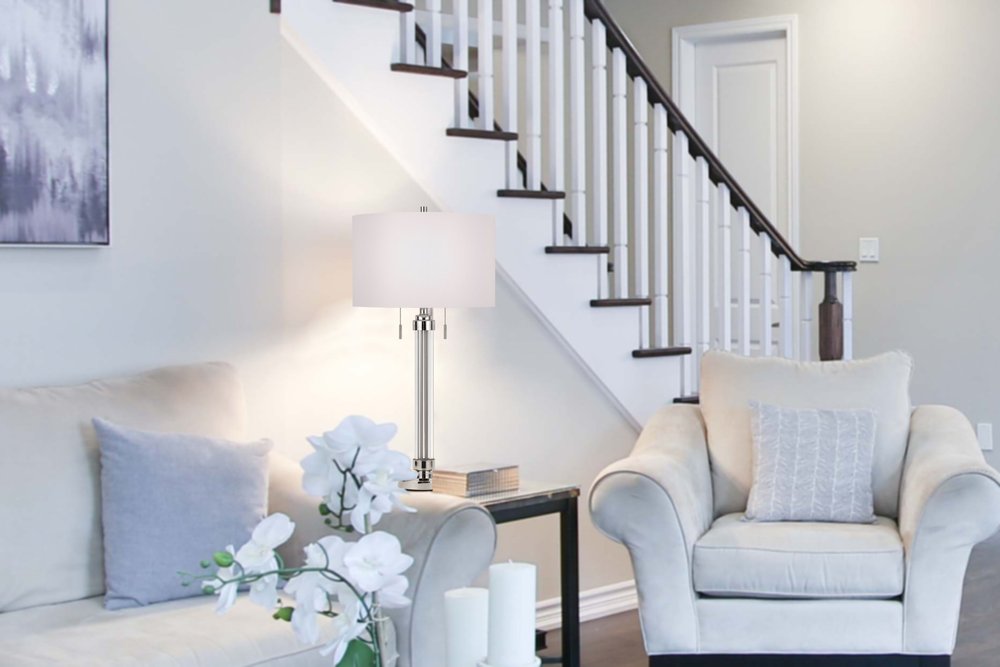 31" Silver Metallic Metal Two Light Cylinder Table Lamp With White Drum Shade HomeRoots