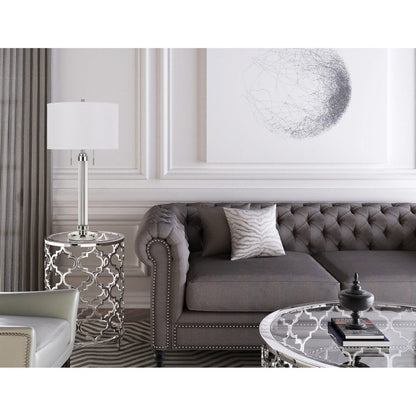 31" Silver Metallic Metal Two Light Cylinder Table Lamp With White Drum Shade HomeRoots