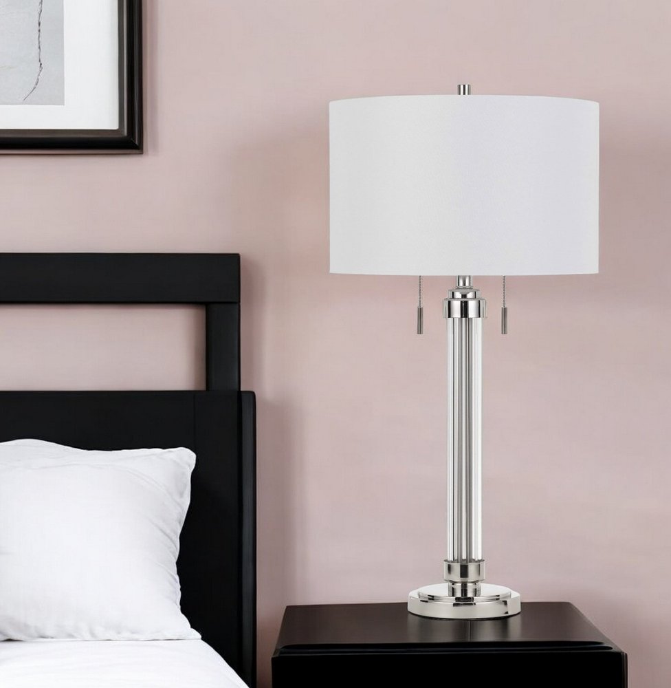 31" Silver Metallic Metal Two Light Cylinder Table Lamp With White Drum Shade HomeRoots