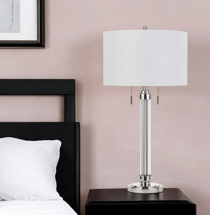 31" Silver Metallic Metal Two Light Cylinder Table Lamp With White Drum Shade HomeRoots