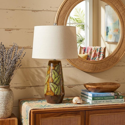 29" Brown Ceramic Cylinder Table Lamp With Tan Empire Shade HomeRoots