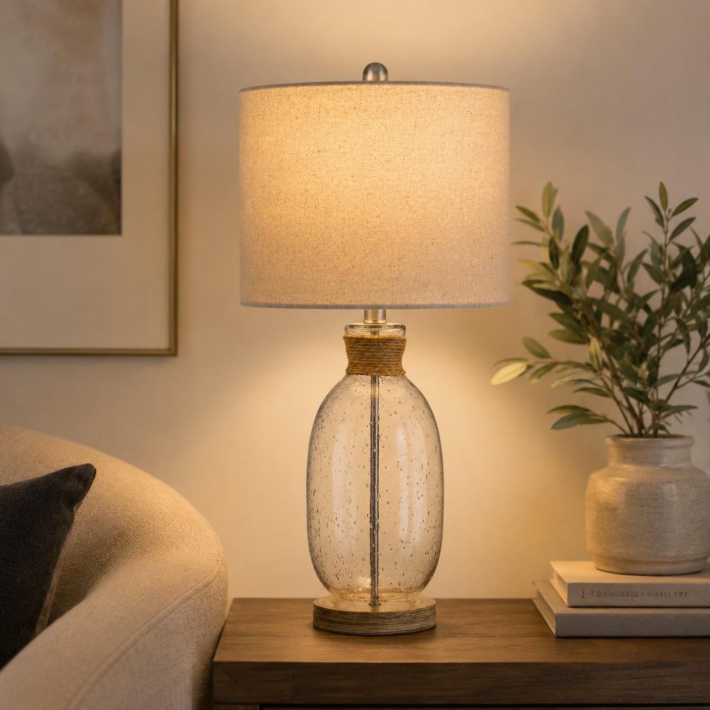 26" Brown Seeded Glass Table Lamp With Drum Shade — view 6